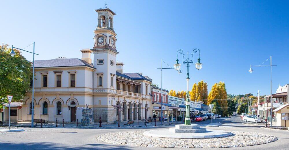 Historic Beechworth town centre on a cold autumn day in Victoria